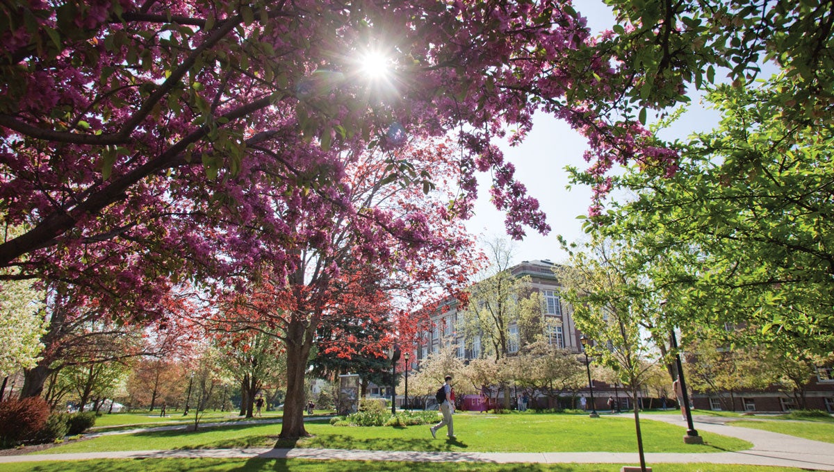 Beautiful Spring day on RPI's campus with a view of the Troy Building