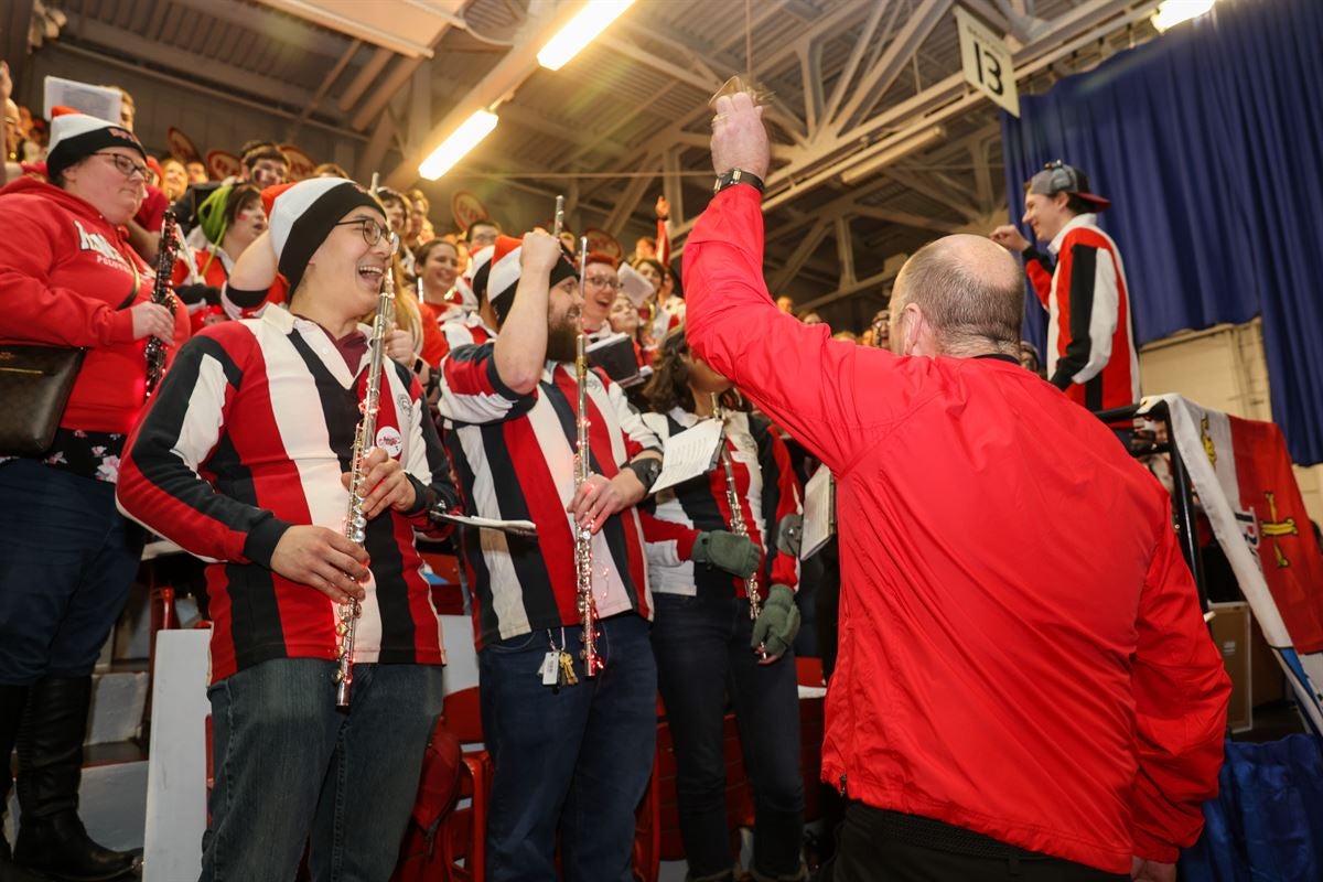 President Marty Schmidt plays with the Pep Band at the Big Red Freakout.