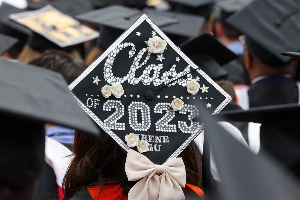 Class of 2023 decorated cap at Commencement.