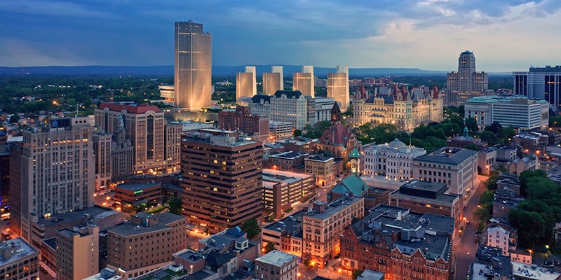 Aerial view of Albany, representing RPI’s leadership in revitalizing and integrating with the Capital Region to drive innovation and economic growth