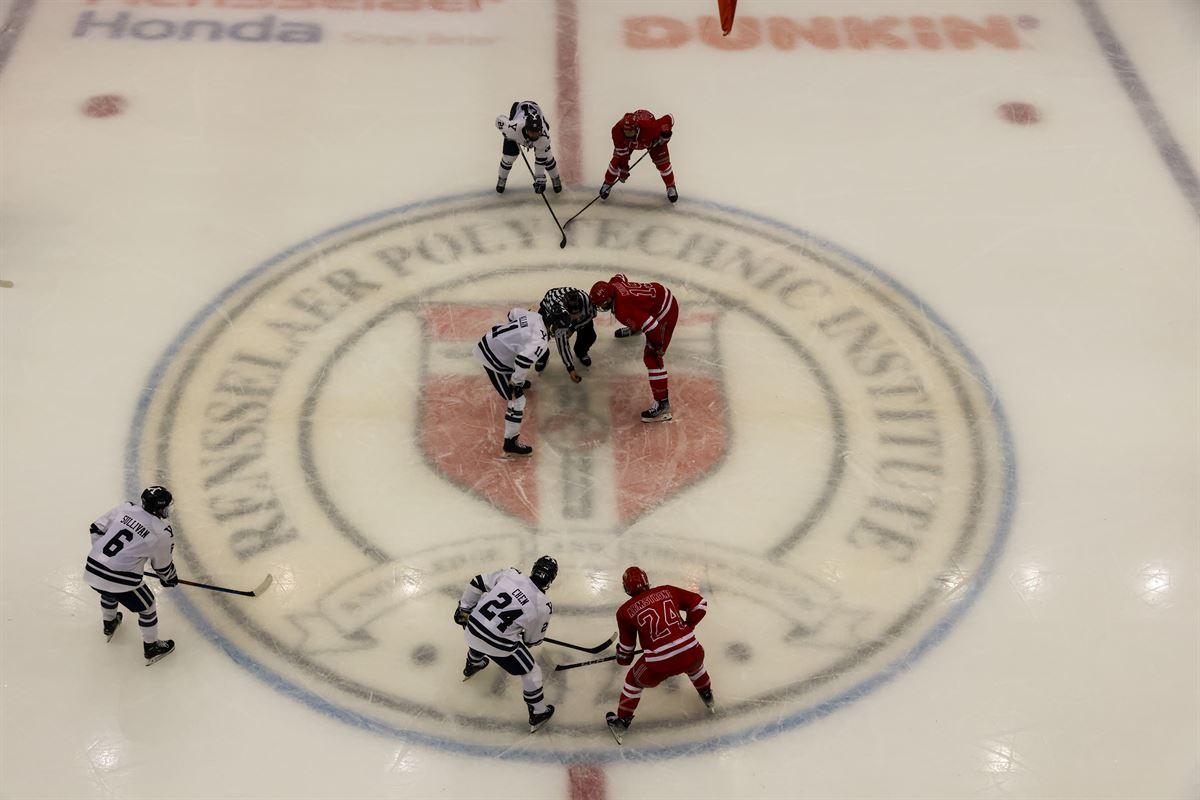 Puck drop faceoff as seen from catwalk at the Big Red Freakout.