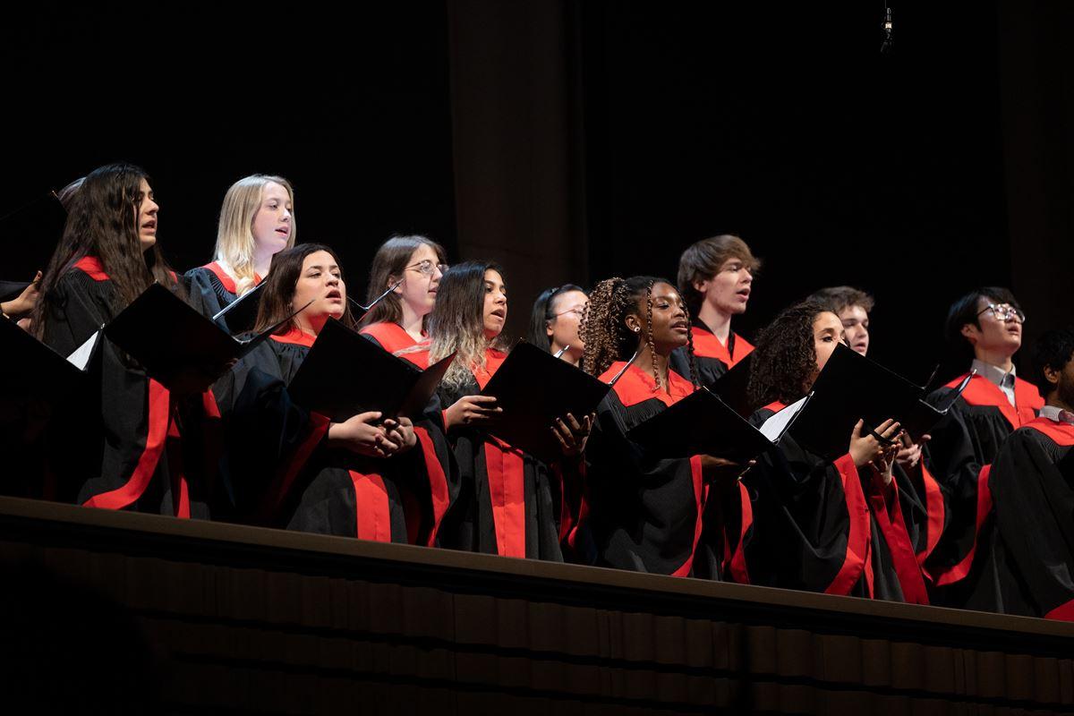 Rensselaer Concert Choir singing in balcony at EMPAC.