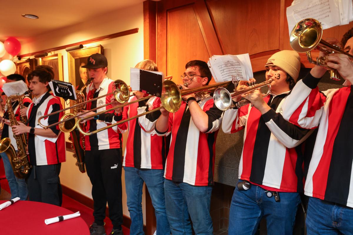 The RPI Pep Band playing in the Heffner Alumni House ahead of the Big Red Freakout.