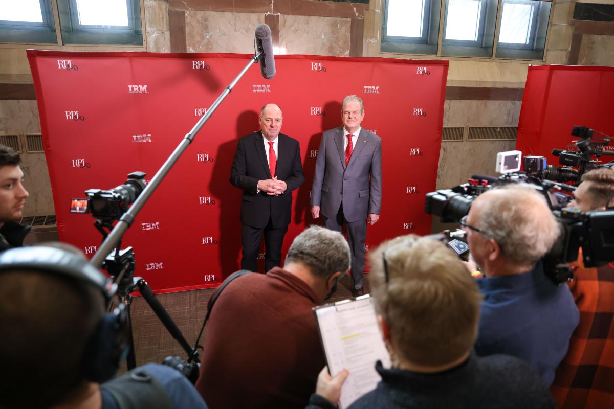 RPI President Martin Schmidt and Trustee Curtis Priem at press conference for unveiling of the quantum computer on RPI's campus.