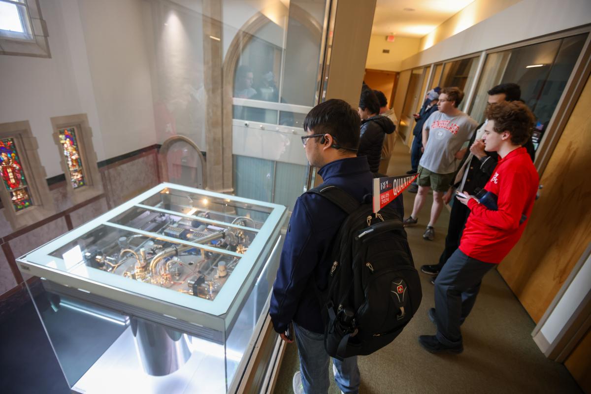 Tour group gets an aerial view of the IBM Quantum System One on RPI's campus.