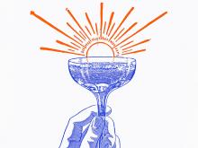 Graphic of a hand holding a campagne glass with sun beams rising above